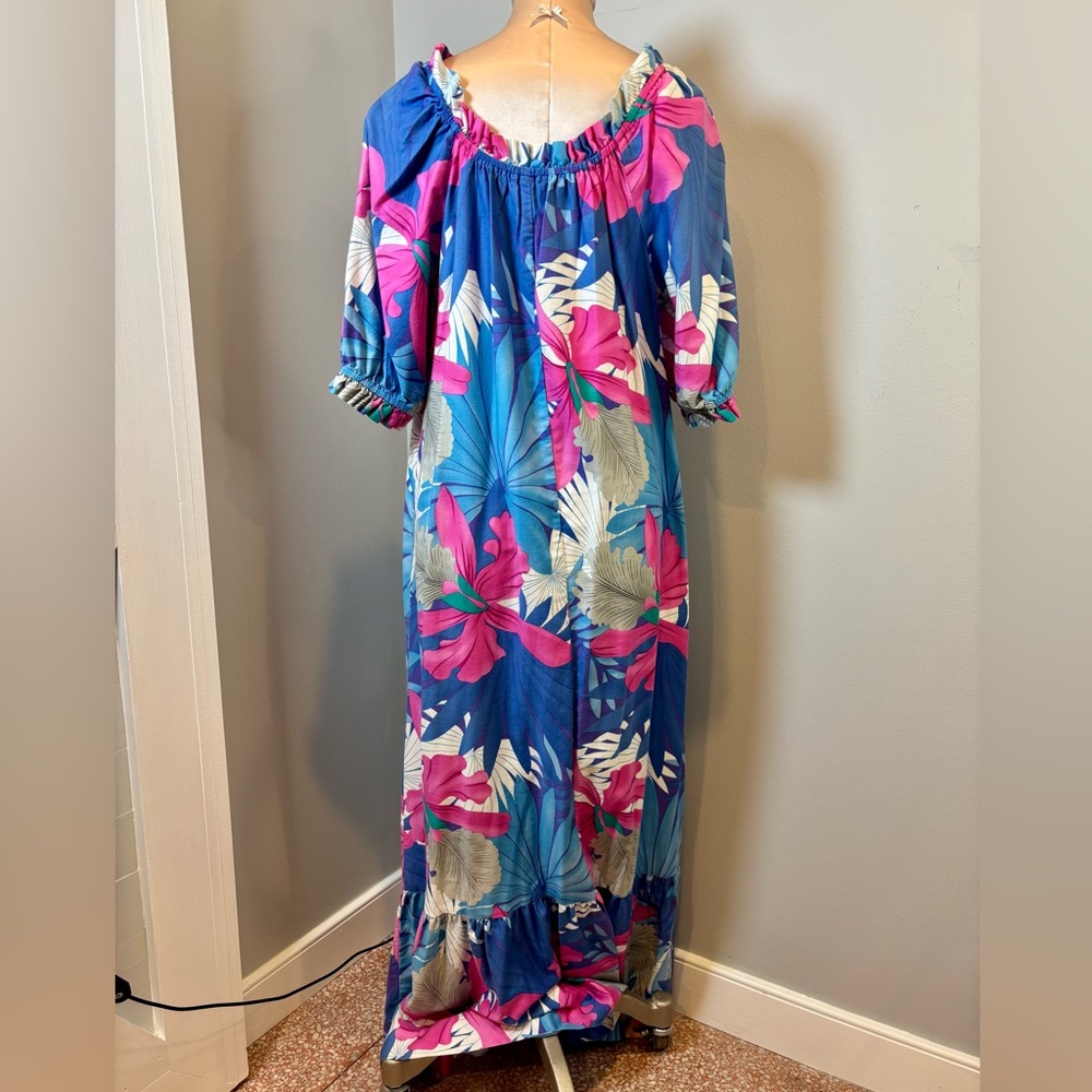 Hilo Hattie Blue Floral Cotton Muumuu Maxi Dress Made in Hawaii Womens Large 688 - Picture 5 of 9